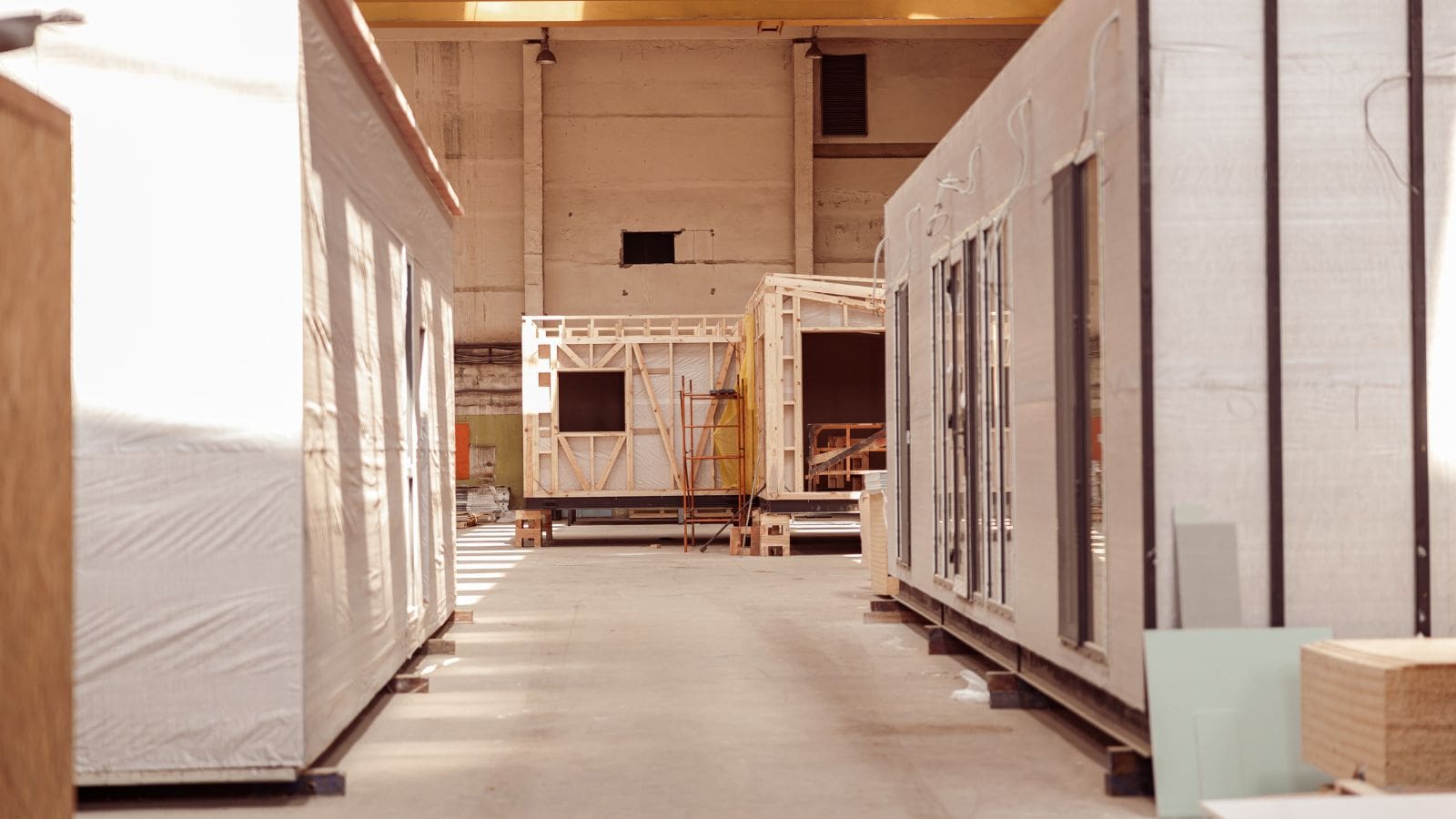 factory-built modular housing being assembled with manufactured parts