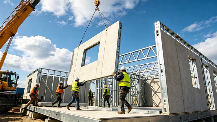 Construction workers assemble prefabricated steel panels for a modern residential building under a blue sky.
