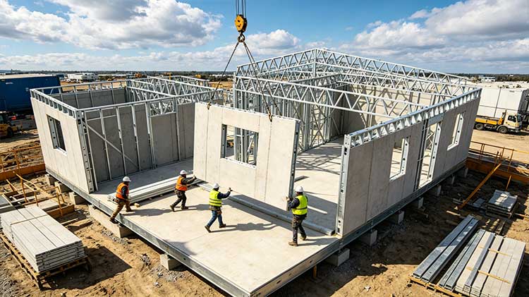 Workers assemble prefabricated steel frame panels for a modern residential building on a construction site.