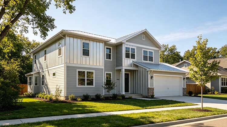 A modern two-story prefab steel frame house with large windows, a well-maintained lawn, and a two-car garage, showcasing innovative residential construction.