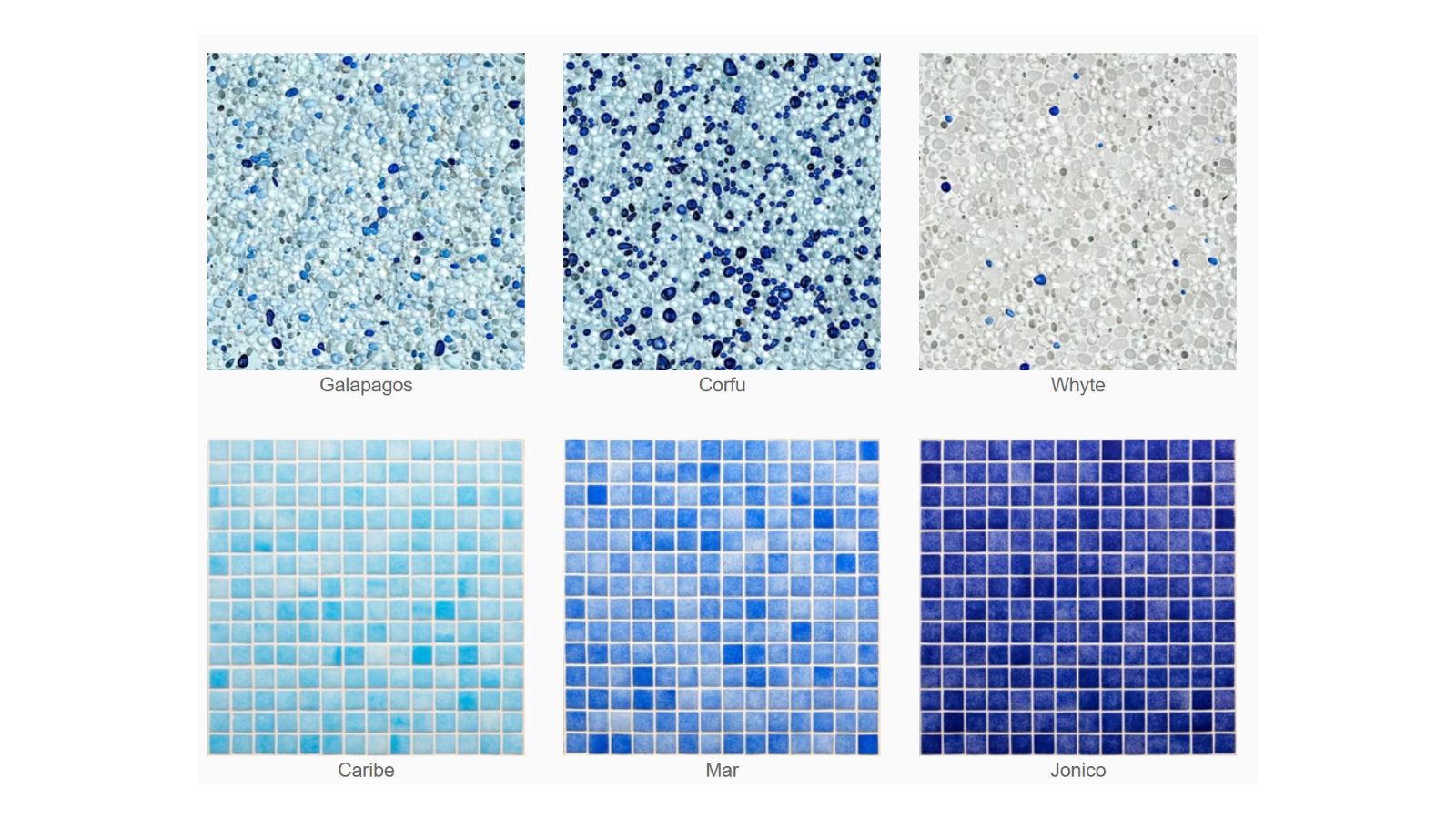 Collection of six different blue mosaic tile samples for precast concrete pools, showcasing various shades and textures for design customization.