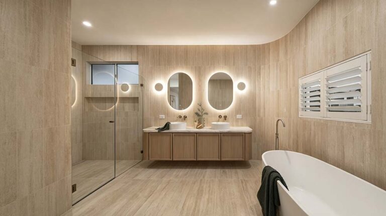 Großzügiges, modernes Badezimmer mit freistehender Badewanne, Doppelwaschtisch mit beleuchteten Spiegeln und hellen Holzoberflächen für eine beruhigende Atmosphäre.