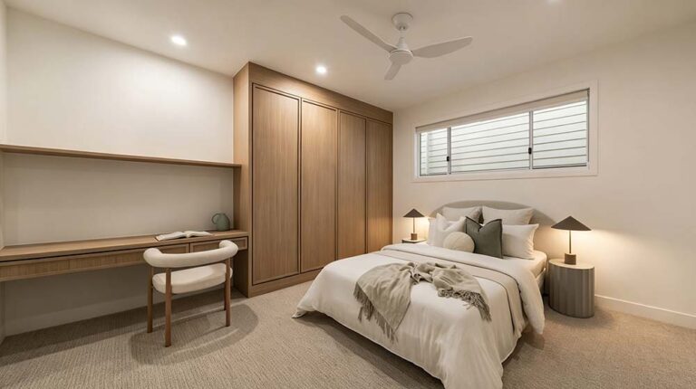 Modernes Schlafzimmer mit großem Bett und weißer Bettwäsche, Holzschrank und minimalistischem Schreibtisch mit Stuhl, beleuchtet von natürlichem Licht durch ein horizontales Fenster.