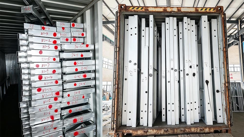 Industrial storage of metal components in a warehouse, including metal beams and panels organized on racks and in containers.