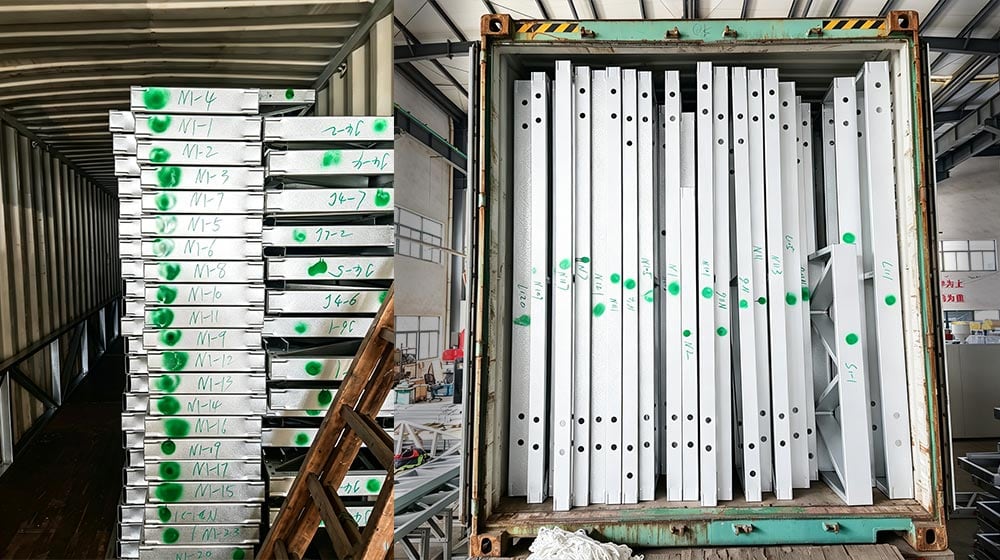 Stacked aluminum frames and components stored in a warehouse for construction or manufacturing projects.
