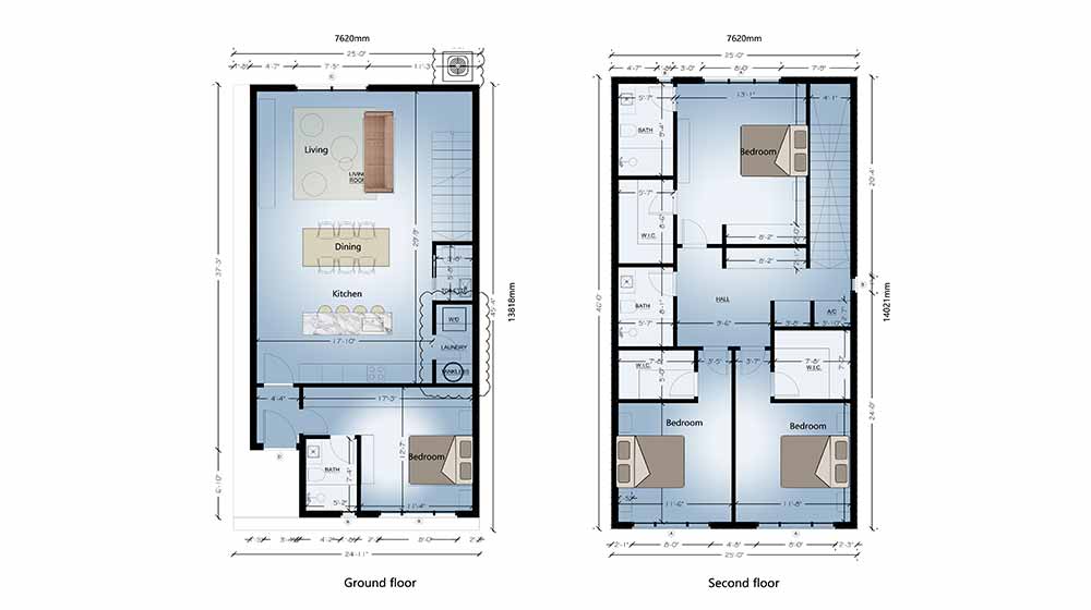 Detailed architectural floor plan of a modern two-story house showing ground and second floors with room layouts and dimensions.