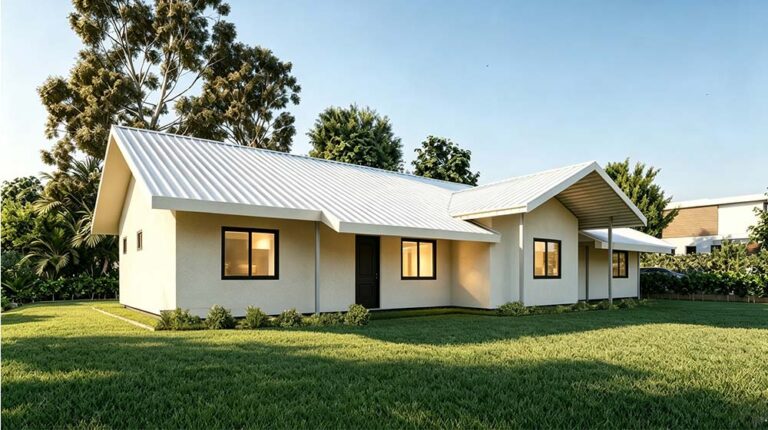 Modernes, eingeschossiges Haus mit weißem Metalldach, großen Fenstern und einem gepflegten Rasen vor der Kulisse von Bäumen und klarem Himmel.