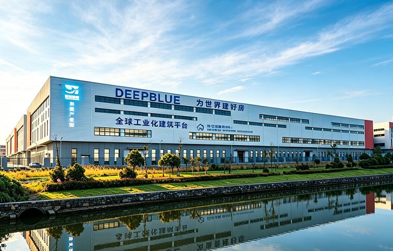 Modern industrial building with Deepblue signage, located by a waterway, under a blue sky with scattered clouds, showcasing a corporate facility.
