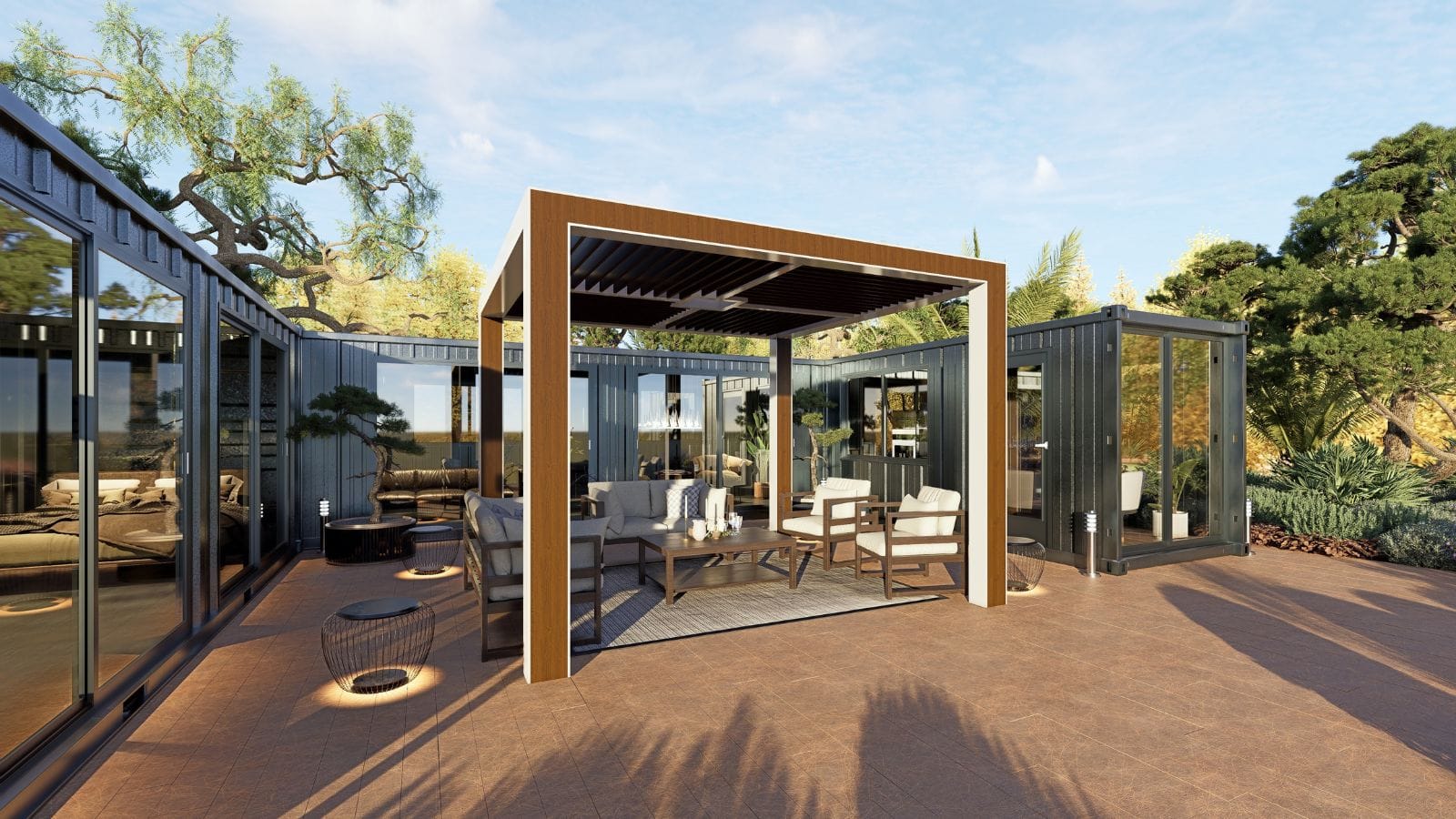 Contemporary modular hotel construction with glass walls and outdoor seating area, showcasing innovative building techniques for efficient hotel development.