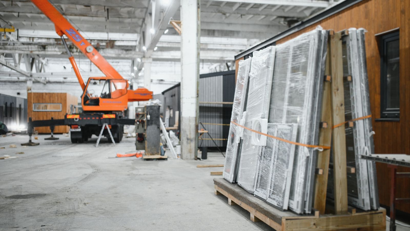Factory interior with modular wall panels and a crane for offsite construction, illustrating efficient modular building processes.