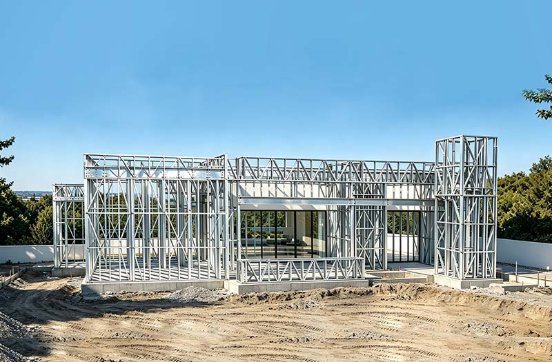Steel framework of a modern modular villa under construction, showcasing the structural design for the Deepblue prefab house collection.