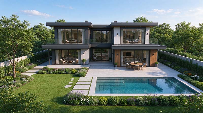 Contemporary two-story smart house with large glass windows, outdoor pool, and lush green garden, exemplifying modern European and American smart housing standards.