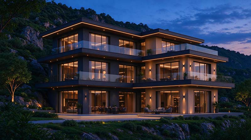 Contemporary multi-story smart house with large glass windows and outdoor lighting, situated on a hillside with lush greenery and mountain backdrop at dusk.