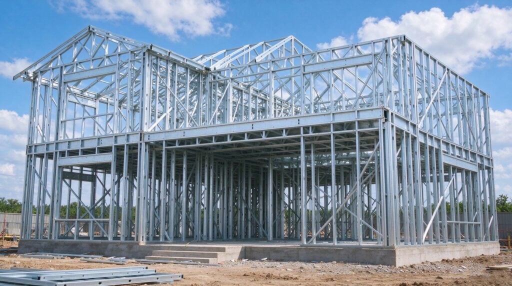 Steel framework of a modern building under construction with clear blue sky in the background.