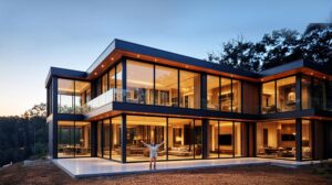 Modern Deepblue SmartHouse with large glass windows illuminated from within, showcasing contemporary architecture and smart home technology in a scenic outdoor setting.