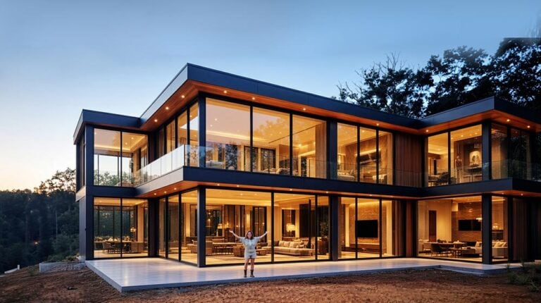 Modern Deepblue SmartHouse with large glass windows illuminated from within, showcasing contemporary architecture and smart home technology in a scenic outdoor setting.