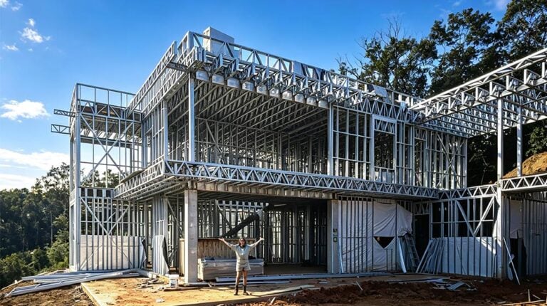 Under construction modern house with steel framing in Atlanta, Georgia, showcasing a contemporary architectural style.
