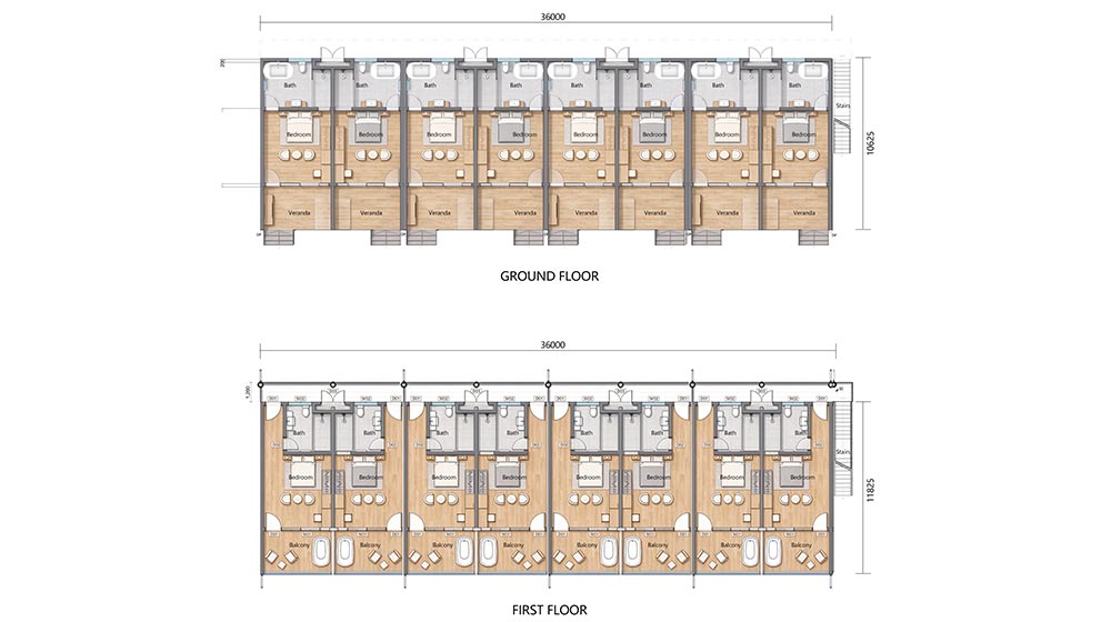 Detailed floor plan of a 16-room hotel in Fiji showcasing ground and first-floor layouts with modern design elements.