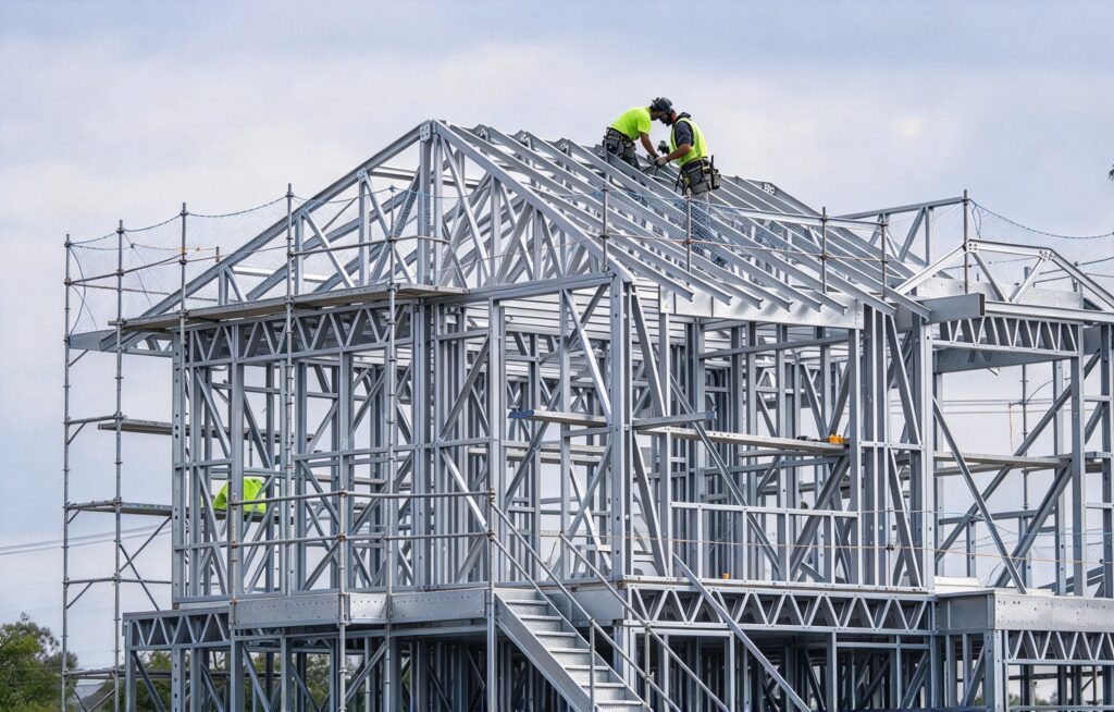 Construction workers in bright safety vests assembling a steel frame of a house with scaffolding and a clear sky.
